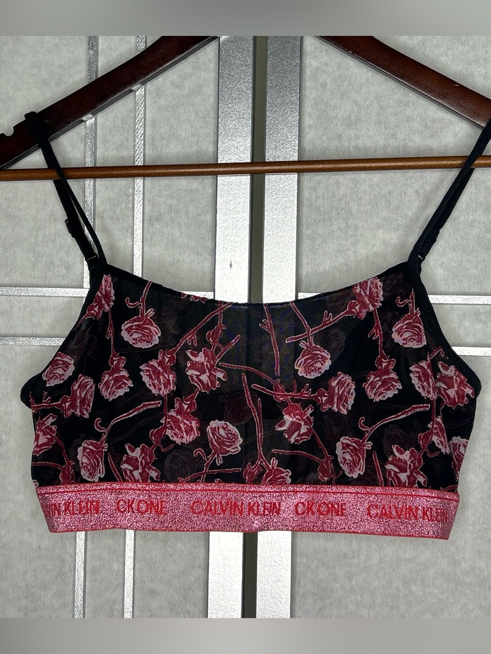 Calvin Klein Black Mesh Floral Bralette with Pink Band